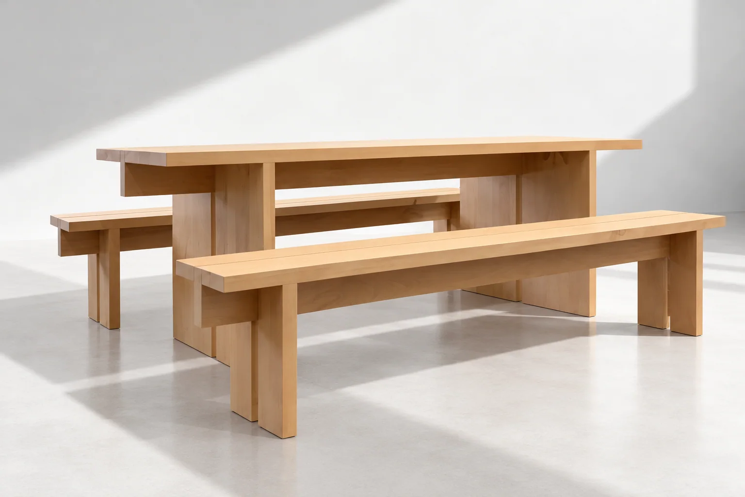 Table et deux bancs en érable massif, vue d’ensemble